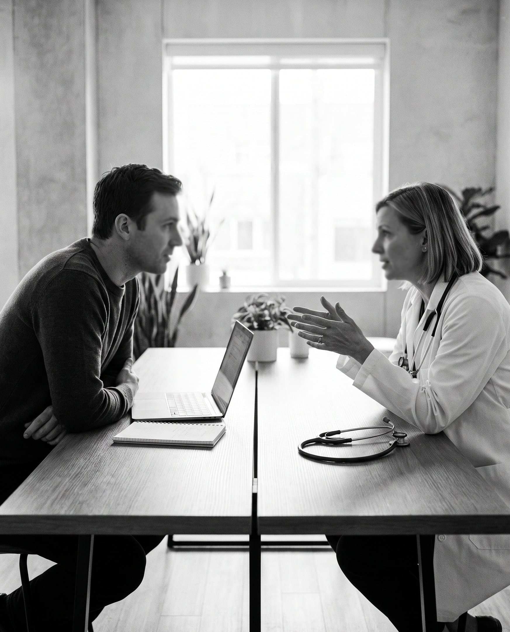 A founder and a clinician in conversation across a table.