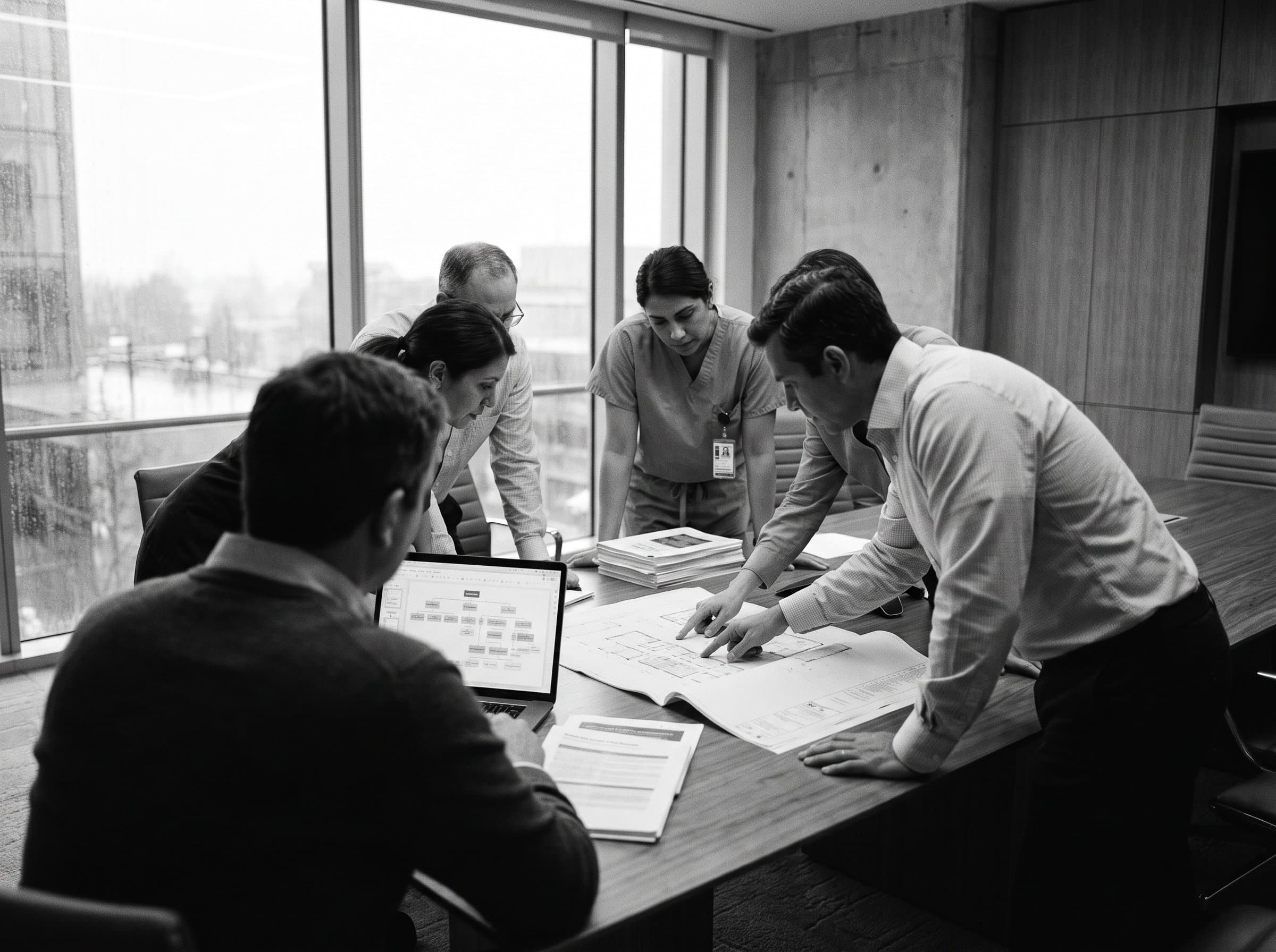 Operators and clinicians working through a problem at a boardroom table.